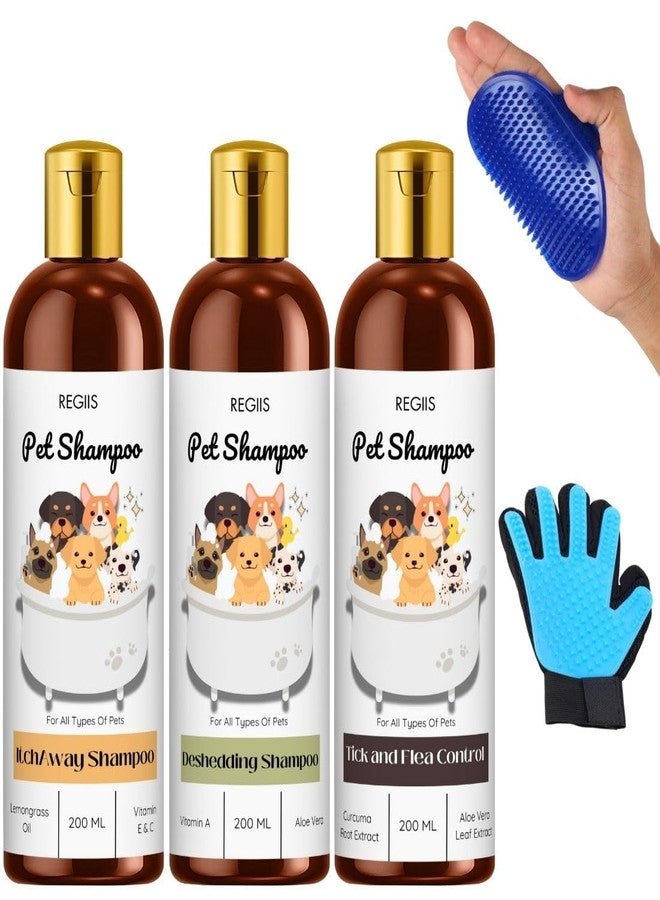 REGIIS Pet Shampoo Set with Grooming Glove, Itch Away, Deshedding, Tick and Flea Control Formula, 200 ML Each, 3 Pack with Lemongrass Oil, Aloe Vera - Image 1